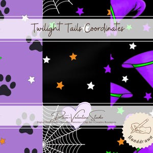 Twilight Tails Coordinates – 3 Halloween Seamless Patterns, Witch Hats, Spider Webs & Paw Prints, Digital