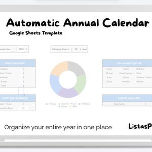 Puede incluir: Una pantalla de portátil muestra una plantilla de Google Sheets de "Calendario Anual Automático". La interfaz incluye secciones para la visión general del año, el progreso de las vacaciones, los eventos siguientes y un resumen de eventos. También se ve el texto "Organiza todo tu año en un solo lugar".
