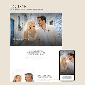 May include: A digital display of the Dove WordPress theme for photographers, featuring a website layout with a wedding photograph of a couple, text headers including ELIN & MATEO, and a mobile phone screen showing the same responsive design.