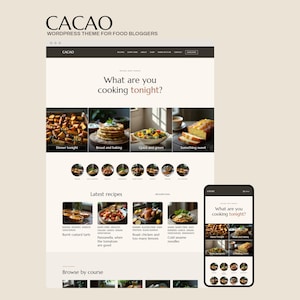 May include: A digital mockup of the Cacao WordPress theme for food bloggers, displaying a website layout on a desktop screen and a mobile phone. The interface features a clean, neutral color palette with food photography, recipe categories, and text.