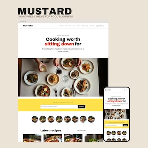 May include: A digital mockup of the Mustard WordPress theme for food bloggers, displaying a website layout on a desktop screen and a mobile phone. The design features a white background, a yellow search bar, and a hero image of a dinner table.