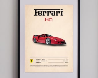 Pôster imprimível da Ferrari F40, supercarro vermelho | Arte de parede | Impressão de carro clássico | Arte icônica da Ferrari | Presente para amantes de carros | Decoração automotiva