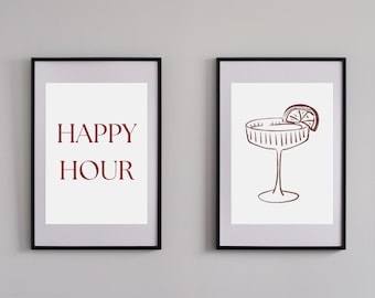 Conjunto de pôsteres para happy hour, arte de parede para bar de coquetéis, impressão de bebida em estilo boho, decoração de bar, impressão de taça de margarita, arte de parede para cozinha, conjunto de 2 pôsteres