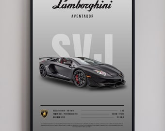 Pôster imprimível do Lamborghini Aventador SVJ, supercarro preto | Download digital de hipercarro | Impressão de carro de luxo | Decoração automotiva