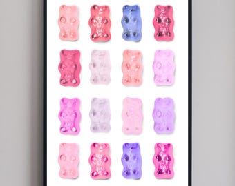 Pôster de ursinho de goma, arte de parede rosa com tema de doces, estampa estética feminina, decoração de quarto de estudante estilo preppy, pôster moderno em tons pastel, download digital