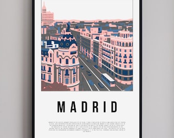 Impressão artística de Madrid para parede – Pôster minimalista da cidade, ilustração moderna de viagem, decoração de parede em estilo escandinavo, impressão de design estético.