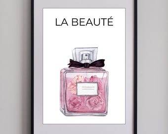Pôster do perfume La Beauté | Arte de parede para imprimir | Impressão de moda | Impressão estilo Chanel | Arte floral com frasco de perfume | Download digital