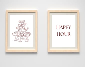 Conjunto de pôsteres Happy Hour, impressão artística em estilo torre de champanhe, arte de parede para sala de jantar, decoração de bar em tons de vinho, conjunto de 2 impressões, arte de parede com taça de champanhe.