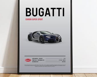 Pôster imprimível do Bugatti Chiron Super Sport | Arte de parede de hipercarro para download digital | Impressão de carro de luxo | Decoração automotiva moderna e minimalista