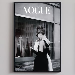 Poster vintage di Audrey Hepburn in stile Vogue | Arte murale di moda in bianco e nero | Stampa di moda ispirata ai designer | Arredamento vecchia Hollywood | Retrò