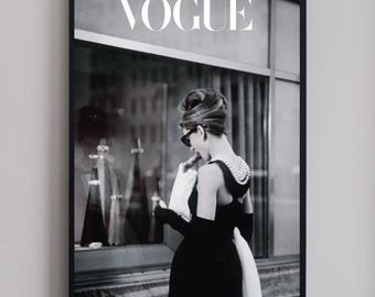 Vintage Audrey Hepburn Poster Vogue Style | Black and White Fashion Wall Art | Designer Inspired Fashion Print | Old Hollywood Decor | Retro