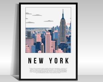 Pôster de arte de parede de Nova York – Ilustração minimalista do horizonte de Nova York, pôster de viagem moderno, decoração urbana para quarto, obra de arte de designer.
