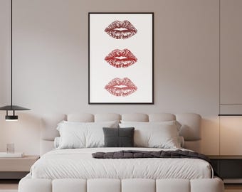 Pôster com estampa de beijo | Arte de parede com lábios vermelhos | Estampa de moda | Download digital de estampa de batom | Presente para amantes de maquiagem | Estampa estilo Vogue | Imprimível