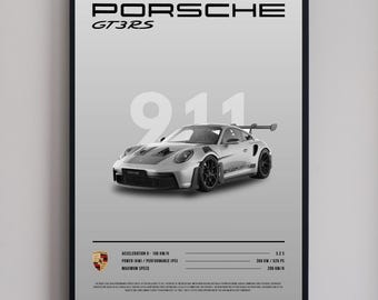 Pôster imprimível do Porsche 911 GT3 RS na cor cinza | Arte de parede com carro superesportivo para download digital | Presente para amantes de carros | Decoração automotiva minimalista