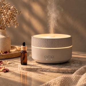 May include: A cylindrical white electric essential oil diffuser with a ribbed top section and a glowing light band, emitting a steady stream of mist. Beside it sits a small amber glass dropper bottle with a wooden cap, both on a marble surface.