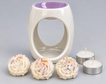 Ceramic Wax Burner Gift Set | 3 Seven Flowers Wax Melts & Tea Lights | MANDI7