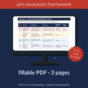 May include: A computer monitor displays a project management escalation framework. The screen shows a table with escalation tiers, severity levels, definitions, examples, response times, and owners. Text at the bottom reads "fillable PDF • 3 pages."