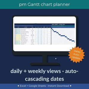 May include: A computer monitor displays a Gantt chart planner with a blue and white color scheme. The screen shows a project timeline with daily and weekly views, auto-cascading dates, and a "Dates Auto-Update" graphic. Text at the top reads "pm Gantt chart planner".