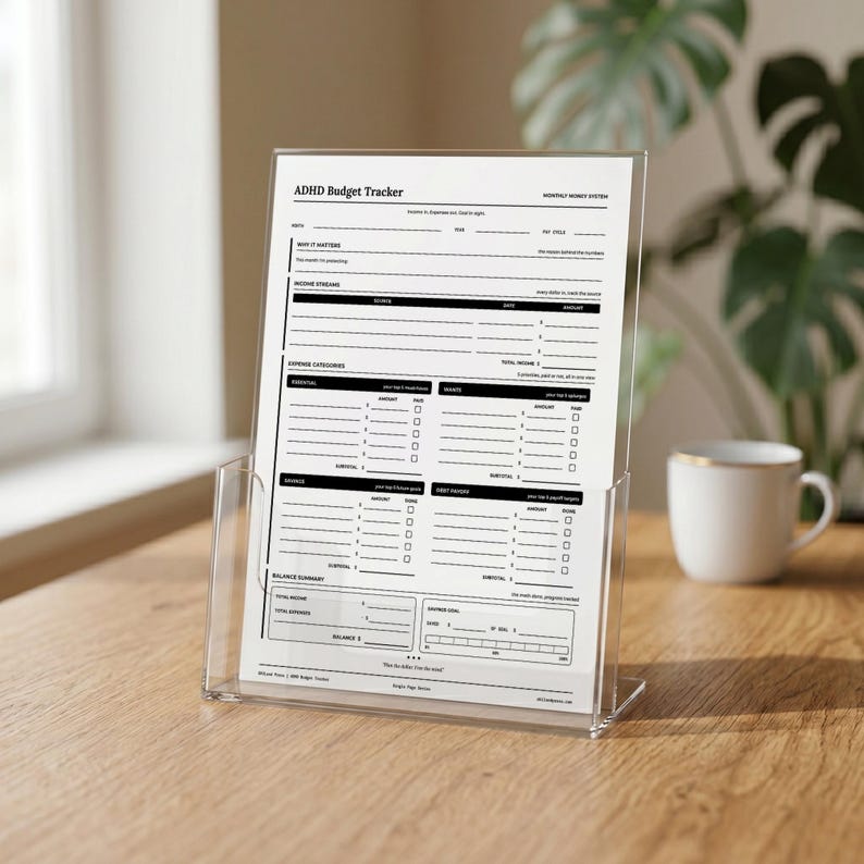 May include: A white paper ADHD Budget Tracker form with black text and lines, displayed in a clear acrylic stand. The document includes sections for income streams, expense categories, savings, debt payoff, and a balance summary for financial tracking.