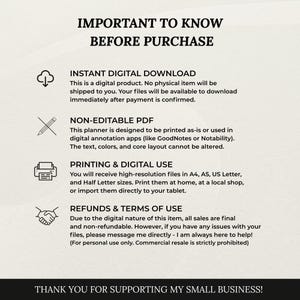 May include: An informational graphic titled IMPORTANT TO KNOW BEFORE PURCHASE. It lists details about an instant digital download, non-editable PDF format, printing and digital use instructions, and terms of use for a digital planner product.