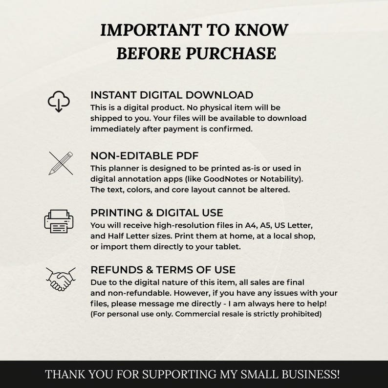 May include: An informational graphic titled IMPORTANT TO KNOW BEFORE PURCHASE. It lists details about an instant digital download, non-editable PDF format, printing and digital use instructions, and terms of use for a digital planner product.