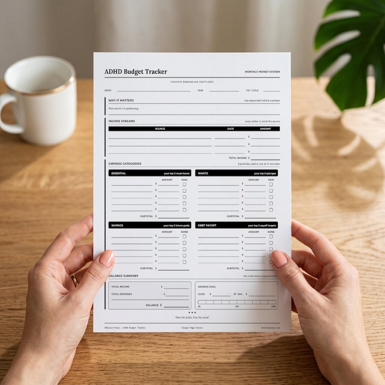 May include: A white paper ADHD Budget Tracker form with black text and lines. The document includes sections for income streams, expense categories like essential and wants, savings, debt payoff, and a balance summary with a monthly money system layout.