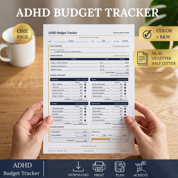ADHD Budget Tracker Printable, Monthly Bill and Debt Planner, Color and Black White,  Instant Download (A4, A5, Letter, Half Letter)
