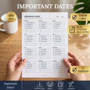 Important Dates Printable, Birthday Calendar, Anniversary Tracker, Yearly Key Dates Log, 2 Designs, Color and B&W, A4, A5, Letter, Half