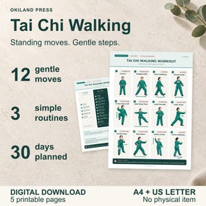 Può includere: Un download digitale con cinque pagine stampabili per un allenamento di camminata Tai Chi. Il documento include 12 movimenti delicati, 3 routine semplici e un piano di 30 giorni con illustrazioni di una persona in abiti verdi che esegue i movimenti.
