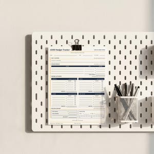 May include: A printed ADHD Budget Tracker sheet with sections for income streams, expense categories, and a balance summary, secured by a black binder clip to a white pegboard, accompanied by a white mesh pen holder containing several pens.