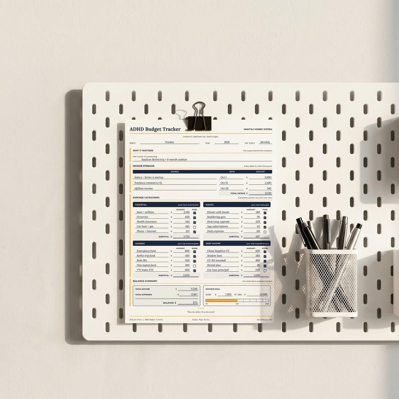 May include: A white ADHD Budget Tracker paper form with dark blue and gold text, held by a black binder clip on a white pegboard. The form includes sections for income streams, expense categories, and a balance summary with printed financial data.