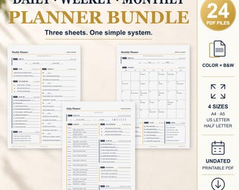 Daily, Weekly & Monthly Planner Bundle Printable, Color and Black White PDF, A4/A5/Letter/Half Letter (Digital Download)