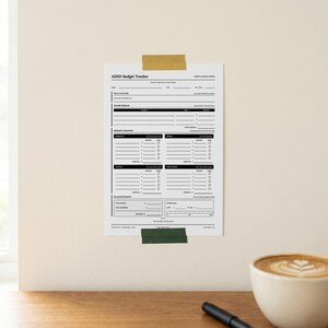 May include: A white paper sheet titled ADHD Budget Tracker with black text and lines. The document includes sections for income streams, expense categories like essential, wants, savings, and debt history, plus a balance summary and progress tracker.