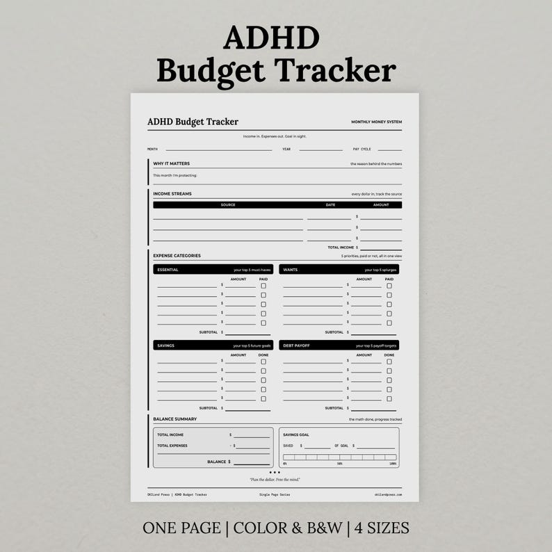 ADHD Budget Tracker Printable, Monthly Bill and Debt Planner, Color and Black White, Instant Download (A4, A5, Letter, Half Letter) image 2