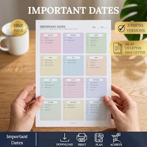 Pastel Important Dates Printable, Pastel Planner, Birthday Anniversary Tracker, Perpetual Calendar, Year at a Glance, Instant Download