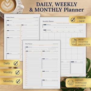 Puede incluir: Un conjunto de páginas imprimibles de planificador diario, semanal y mensual con texto azul oscuro y acentos naranjas sobre papel blanco. Los diseños incluyen secciones para horarios, listas de tareas, prioridades y notas, con etiquetas para tamaños A4, A5, US Letter y Half Letter.