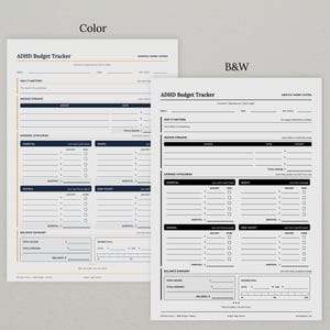 May include: Two ADHD Budget Tracker printable sheets, one in color with blue and orange accents and one in black and white. Both feature sections for income streams, expense categories, savings, debt payoff, and a balance summary with lines.