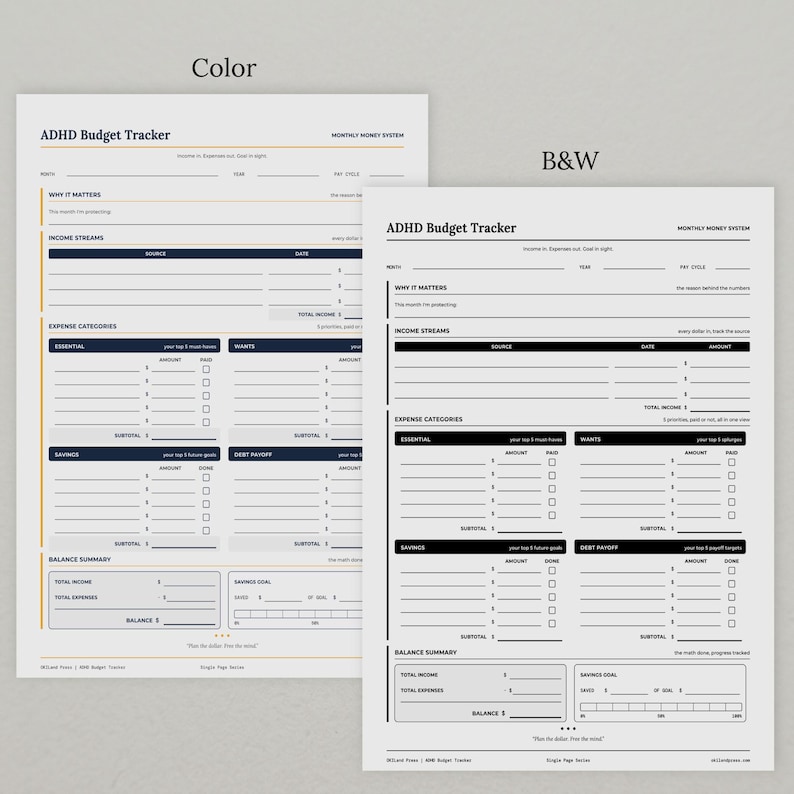May include: Two ADHD Budget Tracker printable sheets, one in color with blue and orange accents and one in black and white. Both feature sections for income streams, expense categories, savings, debt payoff, and a balance summary with lines.