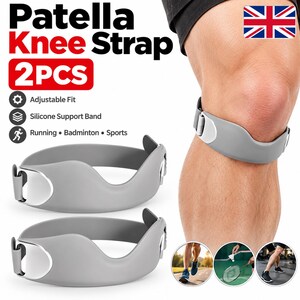 May include: Two grey patella knee straps with adjustable fit and silicone support bands. The text reads Patella Knee Strap 2PCS, Adjustable Fit, Silicone Support Band, Running, Badminton, Sports. One strap is shown worn on a knee.