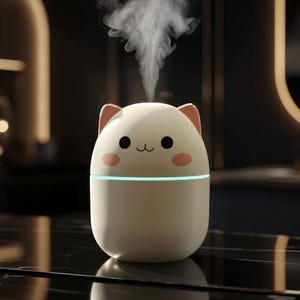 Op de afbeelding: Een witte katvormige diffuser voor etherische olie met roze oren en wangen. De diffuser geeft een stroom stoom af. Het product heeft een groen licht rond de basis en staat op een zwart oppervlak.