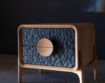 Oak Nightstand 2 Drawer with Carved Front Panel