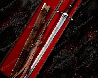 Hand-Forged Elven Damascus Steel Longsword, Walnut Handle, Emerald Accents – Fantasy Medieval Sword Gift for Father Gift for Groomsmen Gift