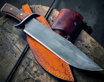Hand Forged Old West Bowie Knife, 5160 Steel Blade, Rosewood Handle, Leather Sheath