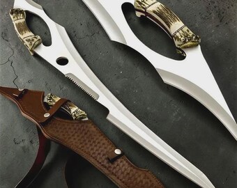 Custom D2 Steel Bowie Knife | Stag Handle Hunting Tool, Outdoor Camping Sheath