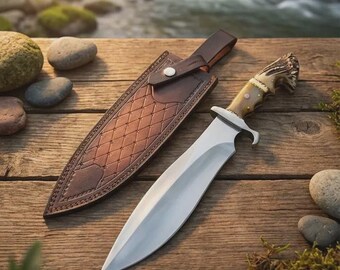 Personalized D2 Steel Hunting Knife | Stag Handle, Full Tang Bowie (Leather Sheath) Gift