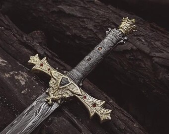 Handmade Damascus Steel Templar Knight Sword | Viking Display Sword, Collector's Piece
