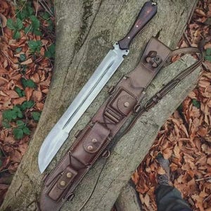 Machete de acero 5160 forjado a mano: cuchillo de bushcraft de espiga completa con funda de cuero