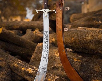 Handmade Damascus Steel Shamshir Sword: Ottoman Islamic Sword Replica with Leather Sheath