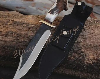 Personalized Hand Forged 1095 Steel Bowie Knife Hunting Tool: Deer Horn Handle, Leather Sheath Gift for her Gift for Him Gift for Dad