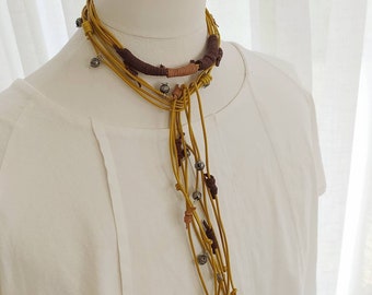 Tie Necklace for Women, Leather Wrap Lariat, Boho Lux Jewelry, Leather Drop Choker, Yellow and Brown Vivid Color Jewerly, Handmade Gift